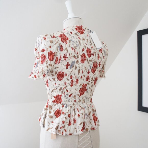 Reformation Aggie Magnolia Puff Sleeve Smocked Peplum Top Size Small NWT - Picture 15 of 16